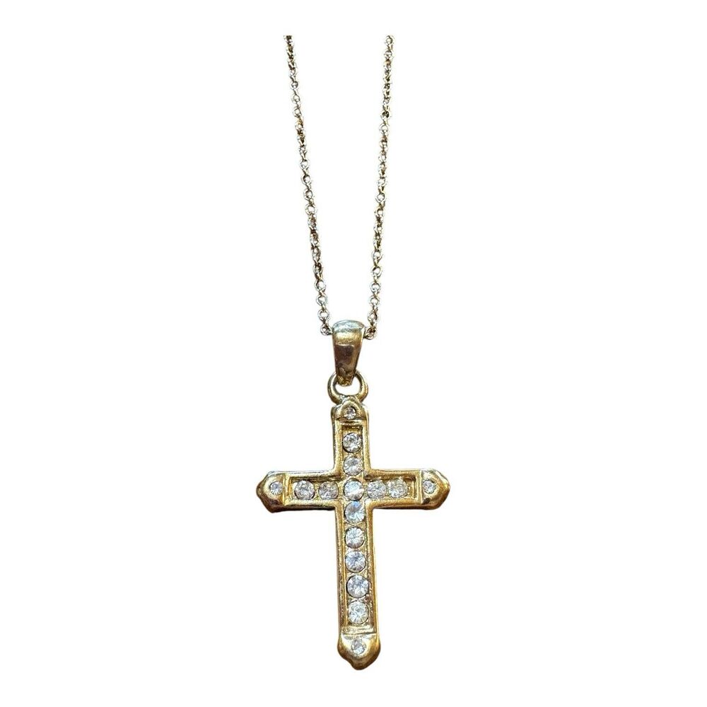 Gold Tone Cross Pendant With Clear Rhinestones Fashion Necklace Religious Faith